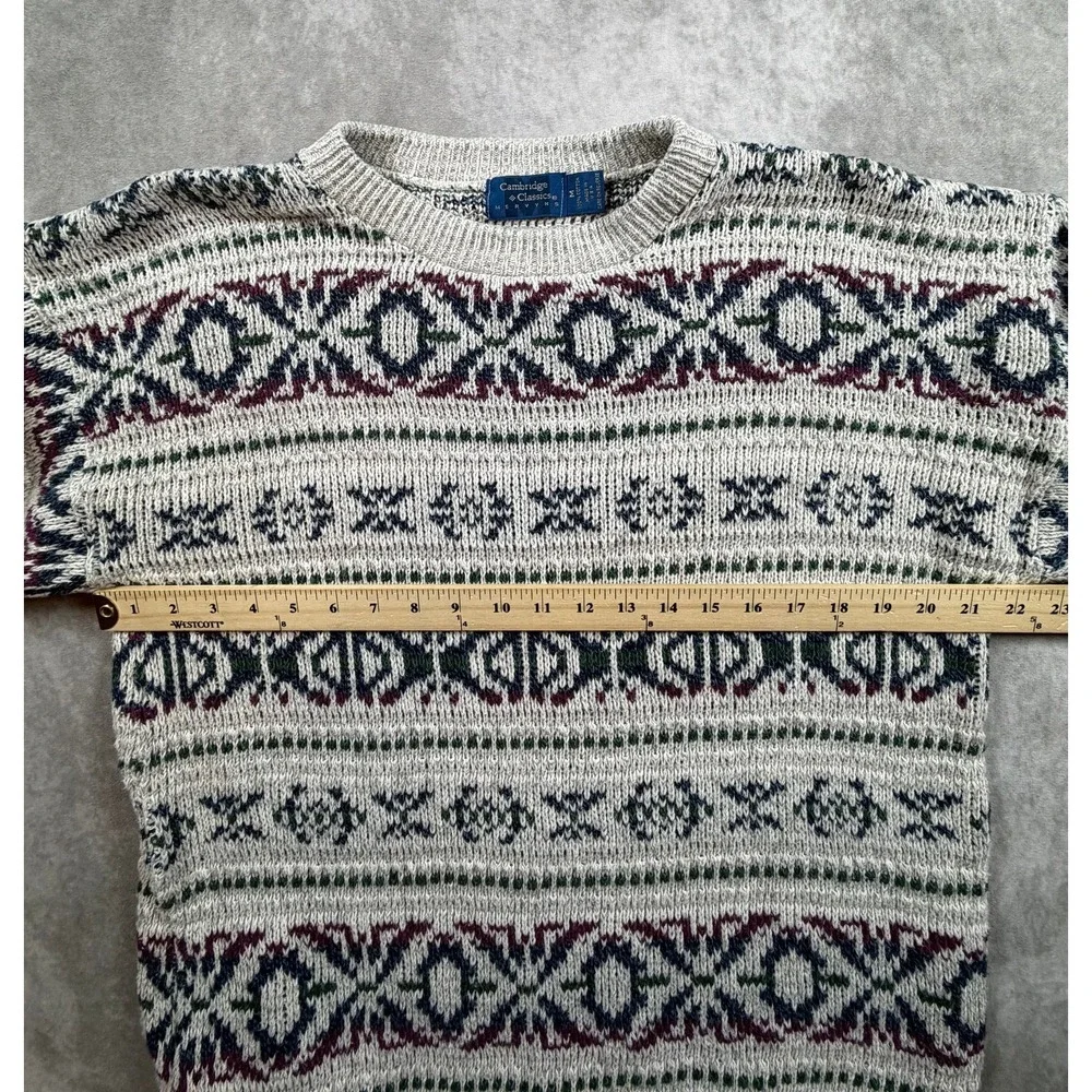 Cambridge Classics Vintage 90s Mens Medium Sweater Gray Fair Isle Ramie Cotton